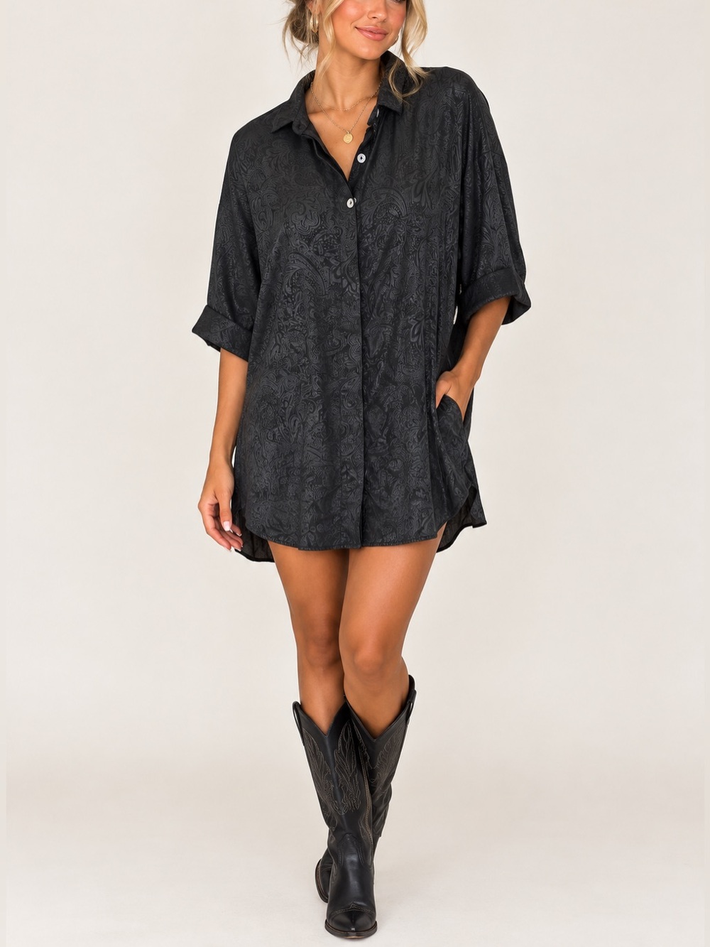 Black Paisley Button-Up Tunic Shirt